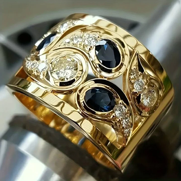Golden Ring with Blue Vintage Crystals - Elara-6-Nora Luxe