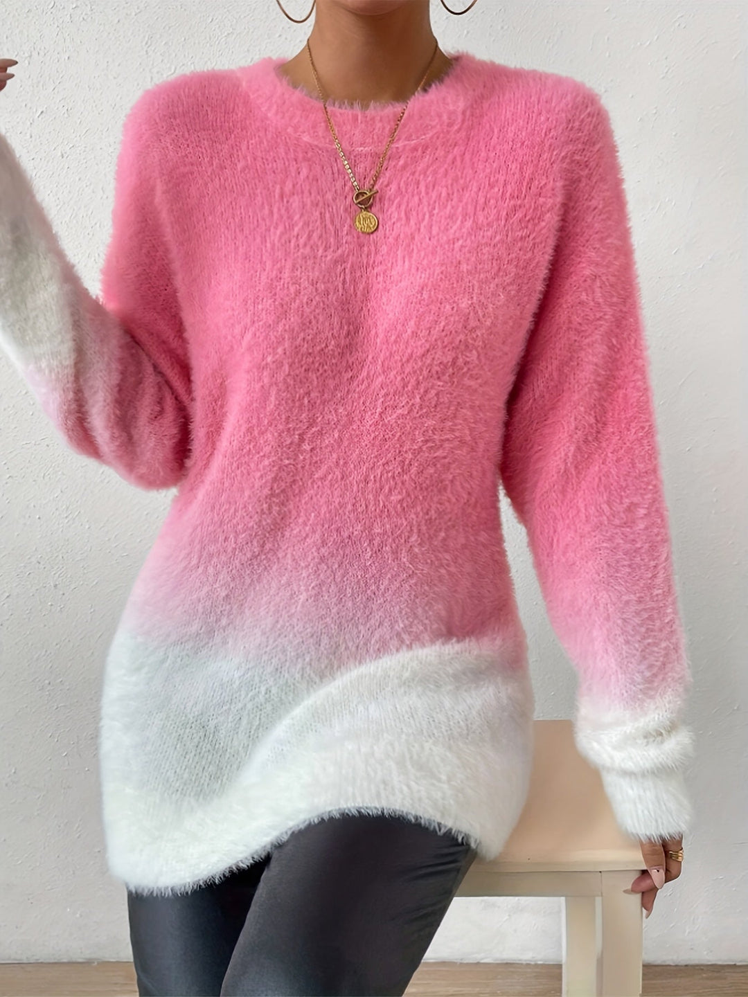 Graduated Colour Crew Neck Fuzzy Sweater - Amara-S-Nora Luxe