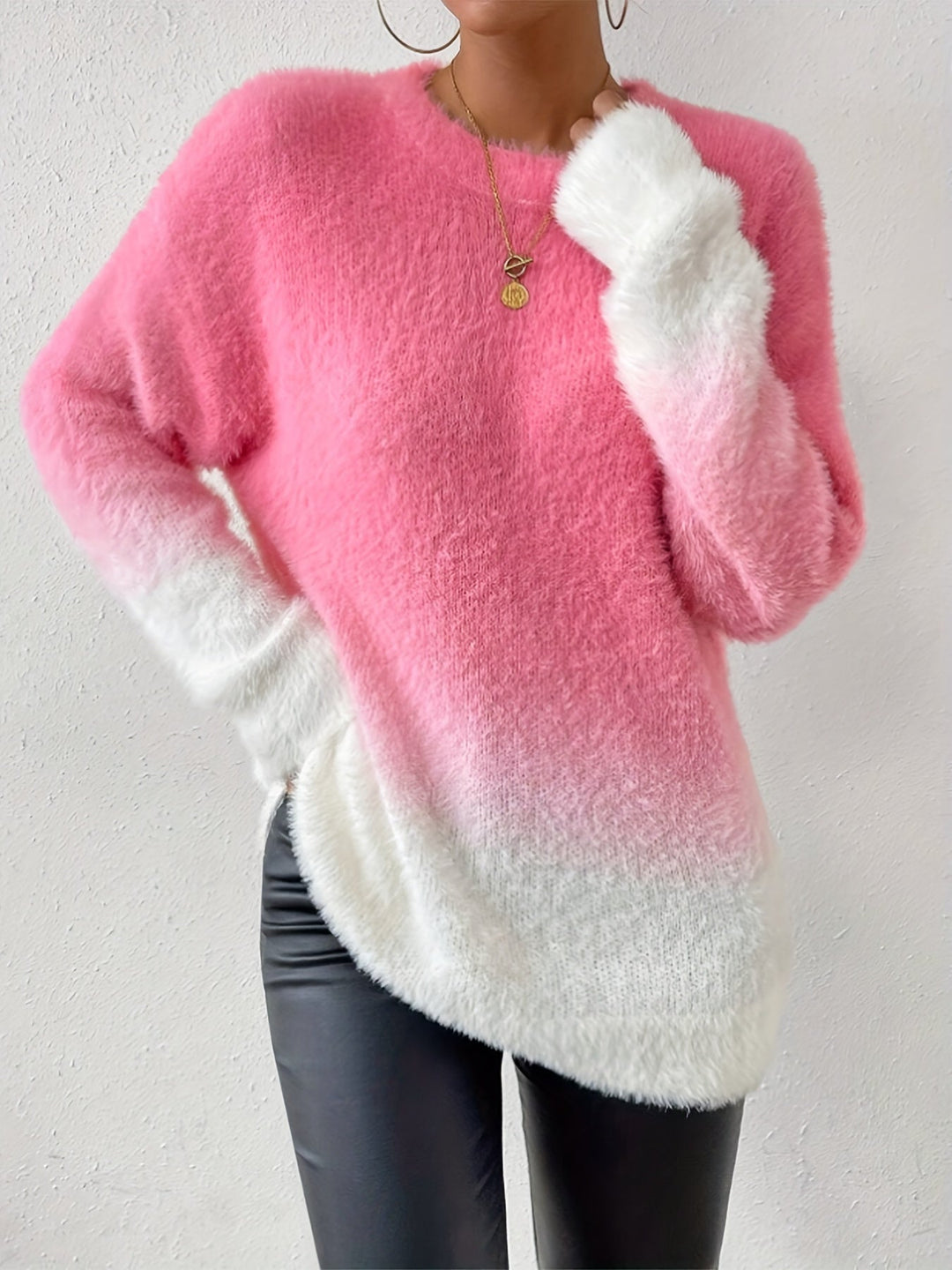 Graduated Colour Crew Neck Fuzzy Sweater - Amara-S-Nora Luxe