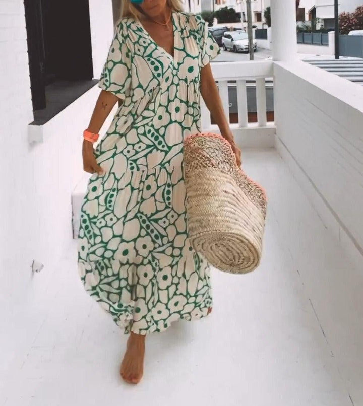 Green Maxi Dress with Short Sleeves and Print - Elisa-XS-State of Style