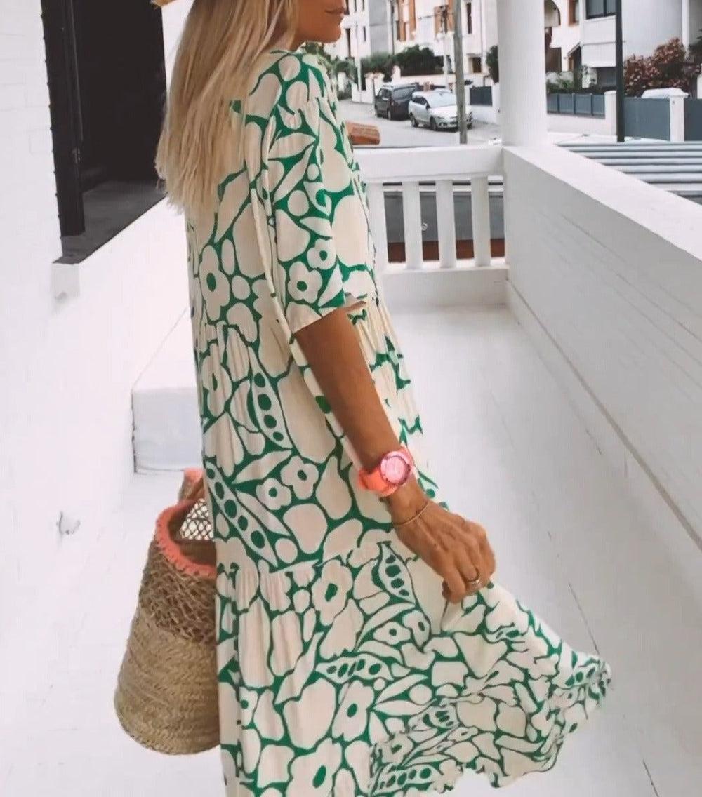Green Maxi Dress with Short Sleeves and Print - Elisa-XS-State of Style