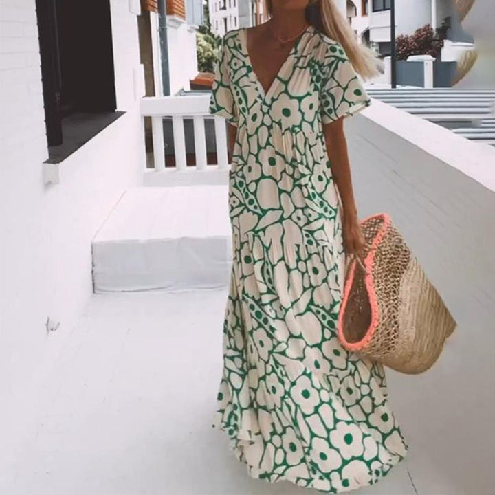 Green Maxi Dress with Short Sleeves and Print - Elisa-XS-State of Style
