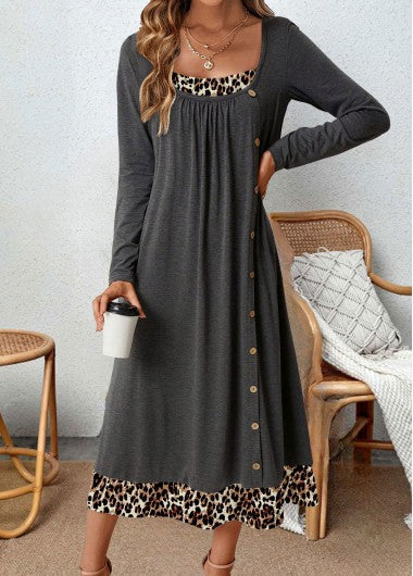 Grey A-line dress with leopard print - Hazel-S-Nora Luxe