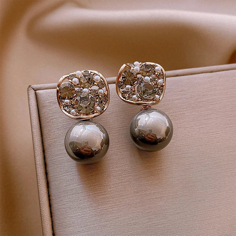 Grey/Taupe Luxury Crystal Pearl Earrings - Eloria-Grey-Nora Luxe