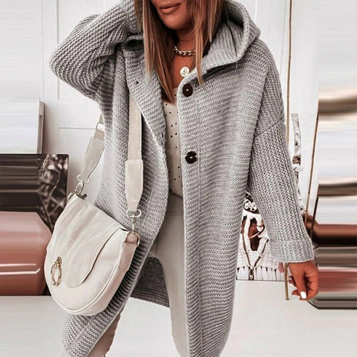 Half-length Knitted Women's Cardigan with Button Closure and Hood - Mila-Gray-S-Nora Luxe