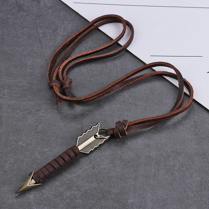 Handmade Vintage Leather Arrow Pendant Necklace-Brown-Nora Luxe