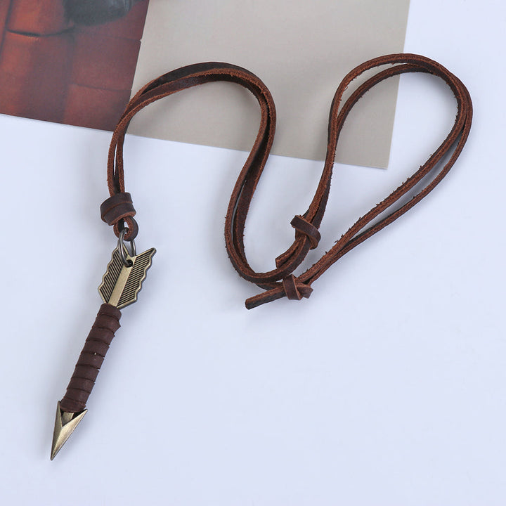 Handmade Vintage Leather Arrow Pendant Necklace-Brown-Nora Luxe