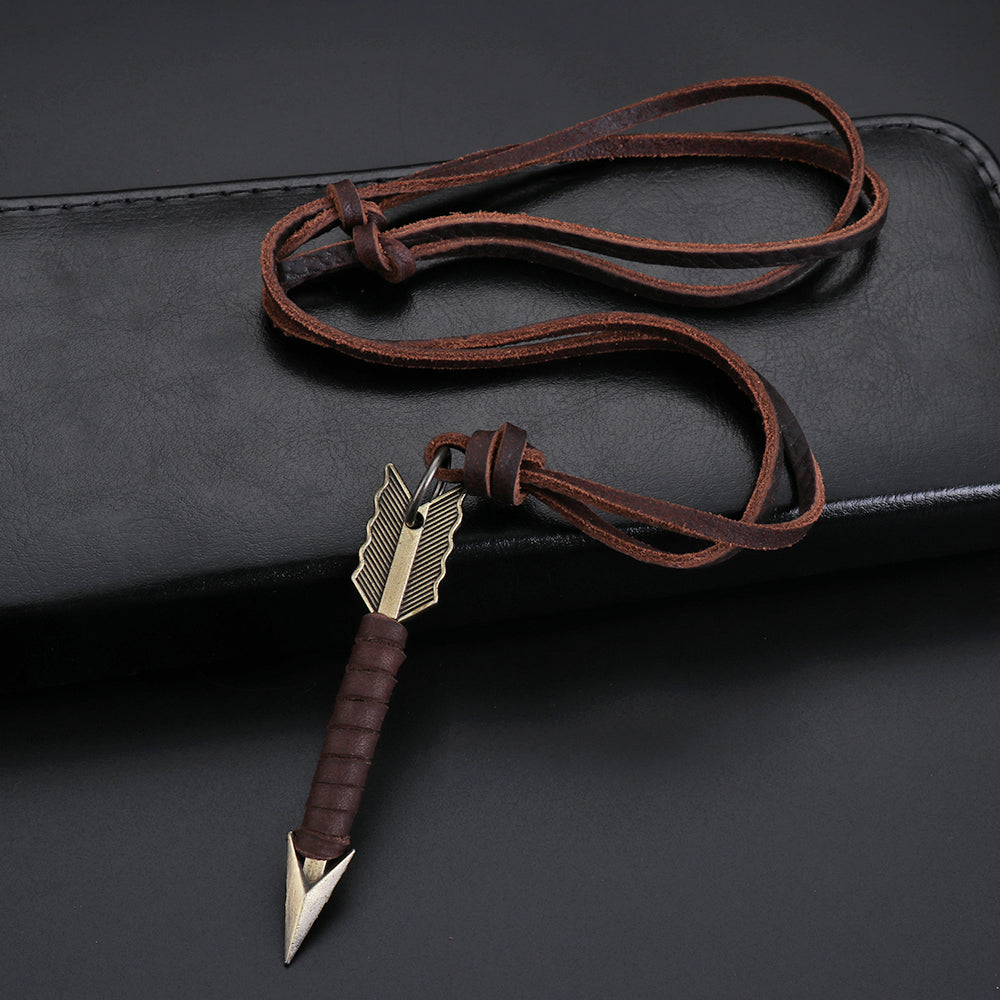 Handmade Vintage Leather Arrow Pendant Necklace-Brown-Nora Luxe