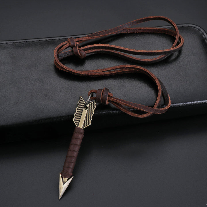 Handmade Vintage Leather Arrow Pendant Necklace-Brown-Nora Luxe
