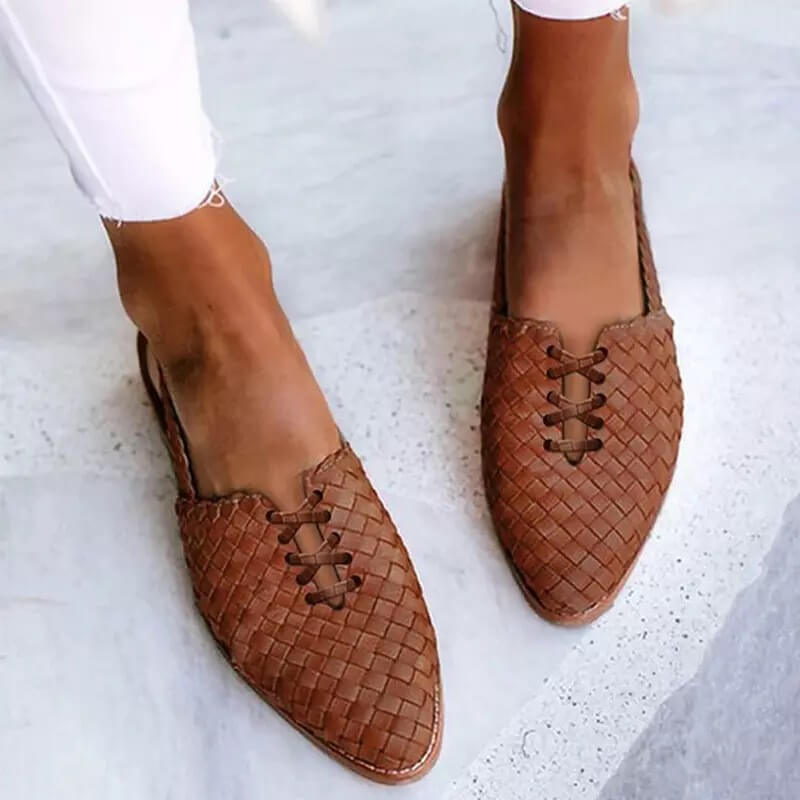 Handwoven leather slippers for women - Clara-Dark brown-4.5-Nora Luxe