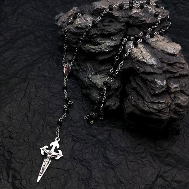 Heart-Shaped Cat's Eye Stone Rosary Necklace - Elara-Black Onyx-Nora Luxe