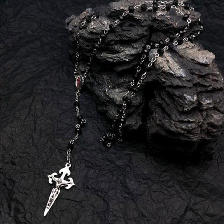 Heart-Shaped Cat's Eye Stone Rosary Necklace - Elara-Black Onyx-Nora Luxe