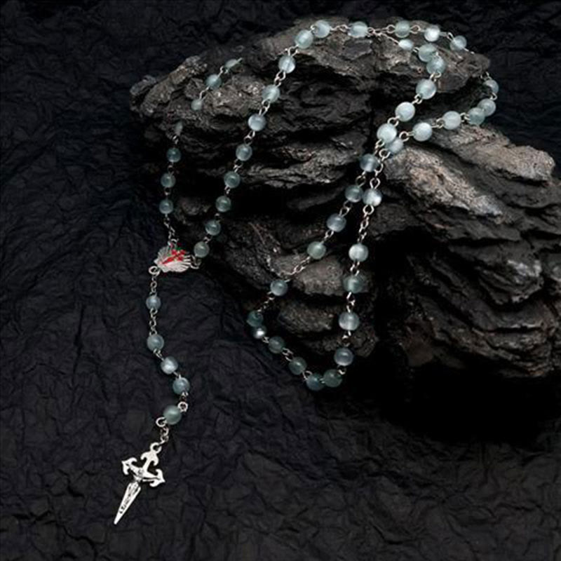 Heart-Shaped Cat's Eye Stone Rosary Necklace - Elara-Green Cat's Eye Stone-Nora Luxe