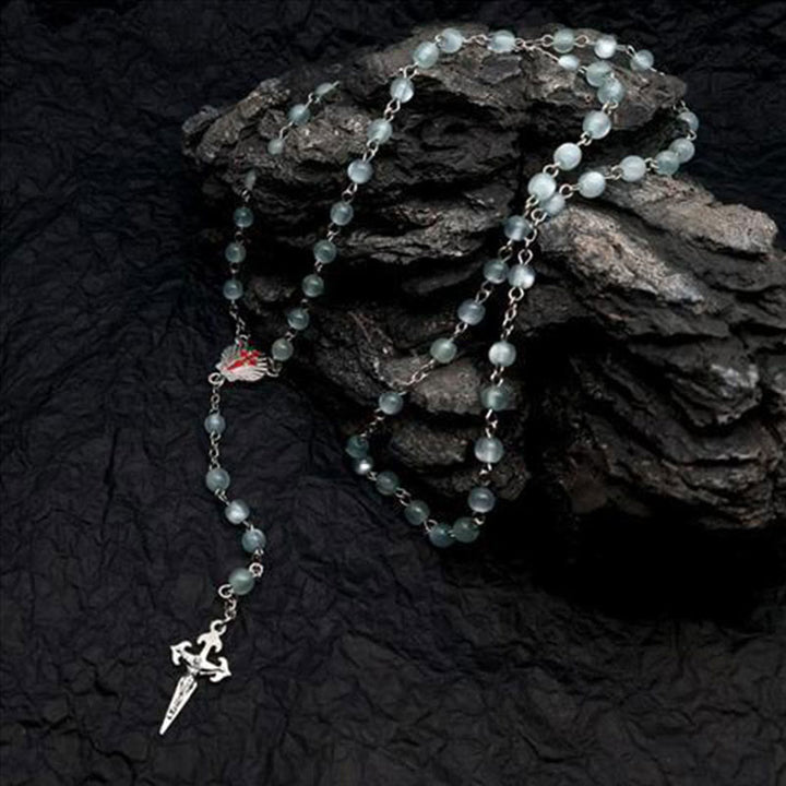 Heart-Shaped Cat's Eye Stone Rosary Necklace - Elara-Green Cat's Eye Stone-Nora Luxe