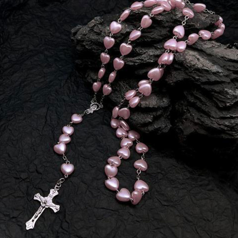 Heart-Shaped Cat's Eye Stone Rosary Necklace - Elara-Pink Cat's Eye Stone #heart-Nora Luxe