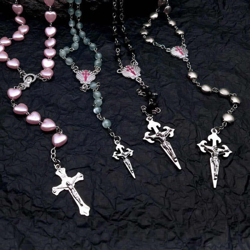 Heart-Shaped Cat's Eye Stone Rosary Necklace - Elara-Pink Cat's Eye Stone #heart-Nora Luxe