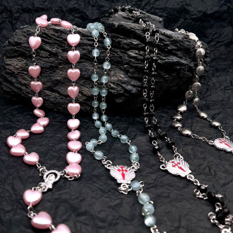 Heart-Shaped Cat's Eye Stone Rosary Necklace - Elara-Pink Cat's Eye Stone #heart-Nora Luxe
