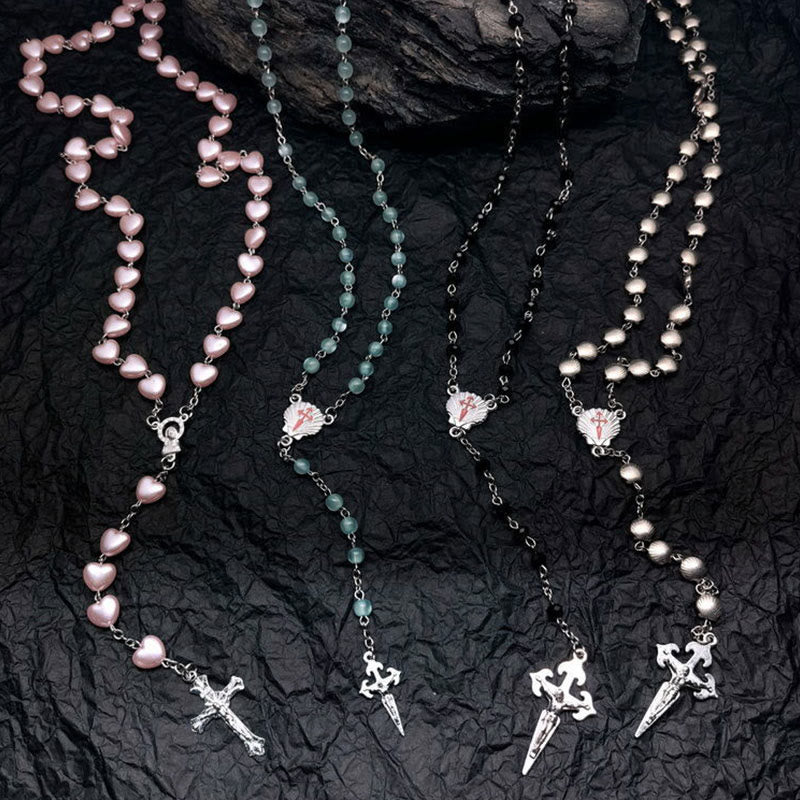 Heart-Shaped Cat's Eye Stone Rosary Necklace - Elara-Pink Cat's Eye Stone #heart-Nora Luxe