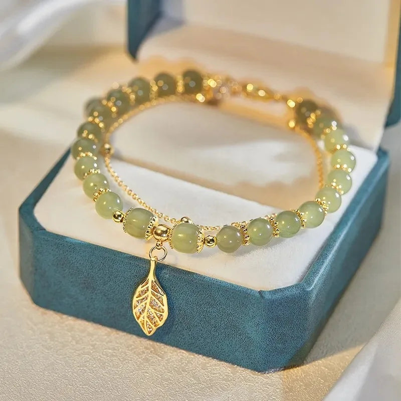 Hetian Jade Bracelet with Gold Accent-Jade Leaf-Nora Luxe