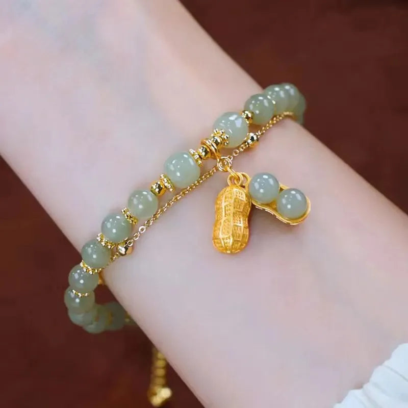Hetian Jade Bracelet with Gold Accent-Jade Peanut-Nora Luxe