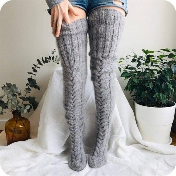 High Knitted Wool Ladies Socks - WarmWool-Gray-Nora Luxe