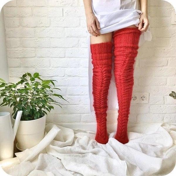 High Knitted Wool Ladies Socks - WarmWool-Red-Nora Luxe