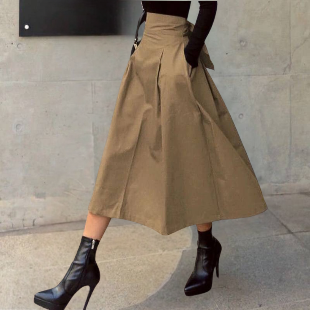 High-Waist Skirt with Bow Detail - Elina-Brown-XS-Nora Luxe