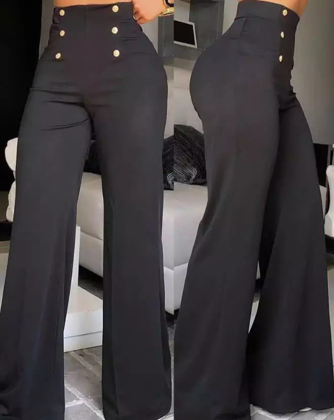 High Waist Trousers with Side Buttons - Fiora-Black-S-Nora Luxe