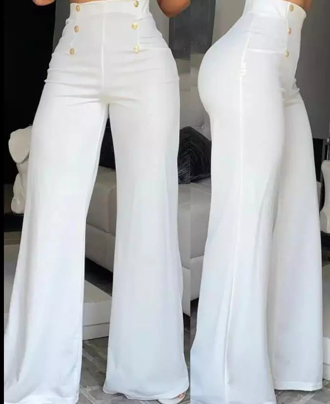 High Waist Trousers with Side Buttons - Fiora-White-S-Nora Luxe