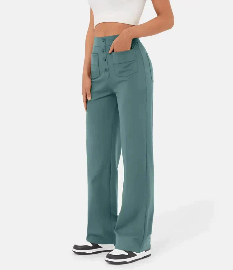 High-waisted Elastic Casual Trousers - Sophia-Stone Green-S (4-6)-Nora Luxe