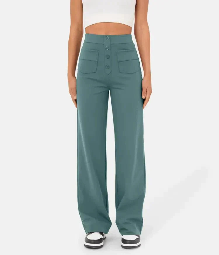 High-waisted Elastic Casual Trousers - Sophia-Stone Green-S (4-6)-Nora Luxe