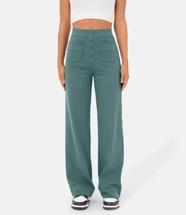 High-waisted Elastic Casual Trousers - Sophia-Stone Green-S (4-6)-Nora Luxe
