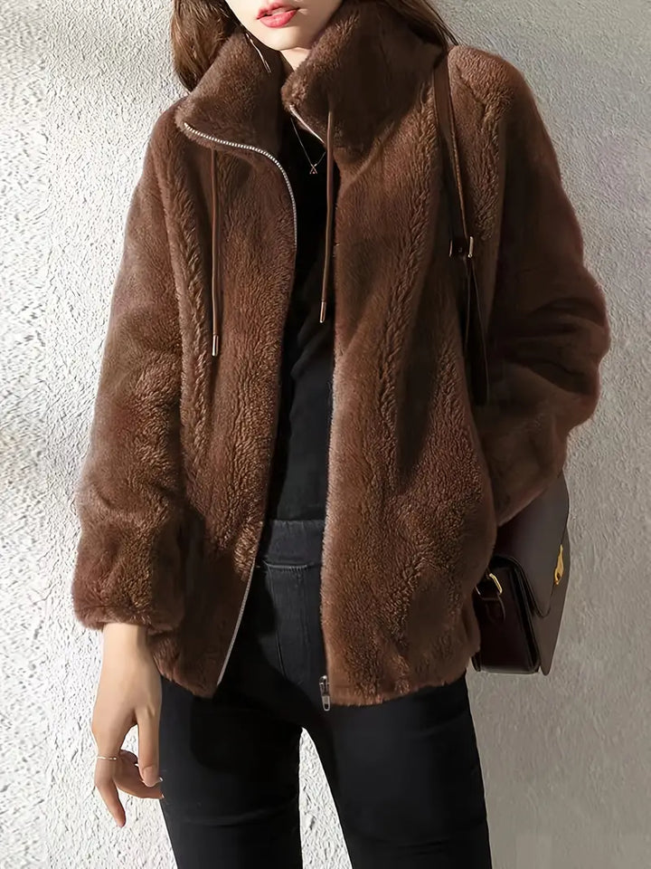Hooded Teddy Jacket with Drawstring and Zip - Isla-Dark brown-S-Nora Luxe