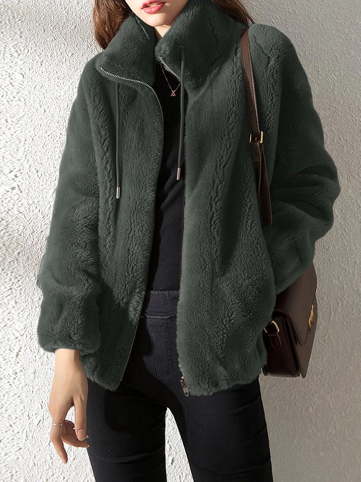 Hooded Teddy Jacket with Drawstring and Zip - Isla-Dark green-S-Nora Luxe