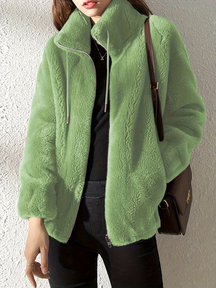 Hooded Teddy Jacket with Drawstring and Zip - Isla-Green-S-Nora Luxe