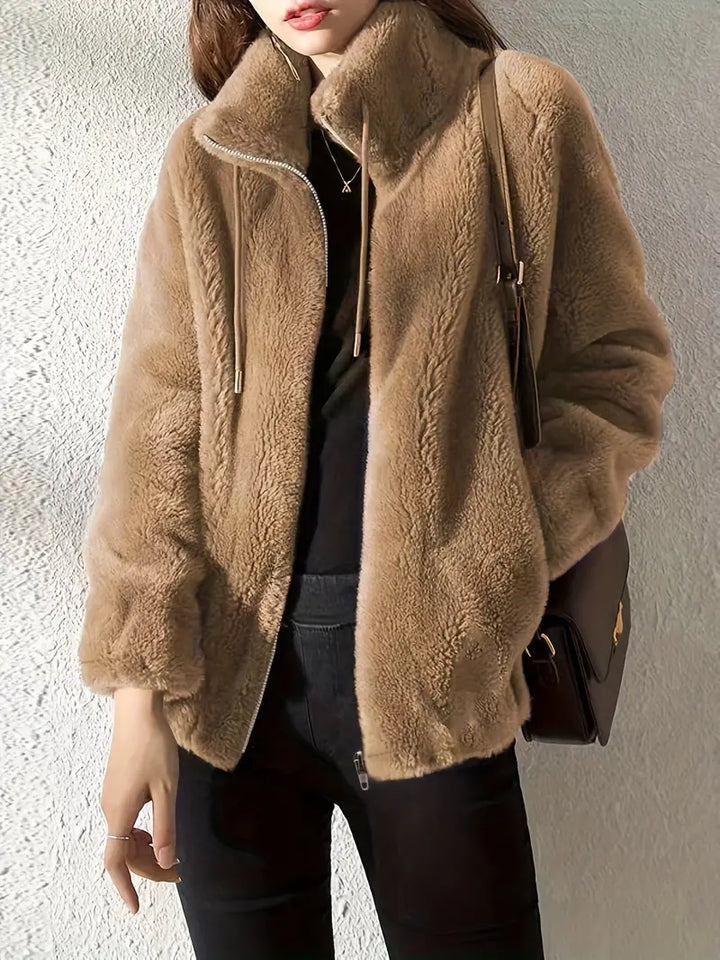 Hooded Teddy Jacket with Drawstring and Zip - Isla-Khaki-S-Nora Luxe
