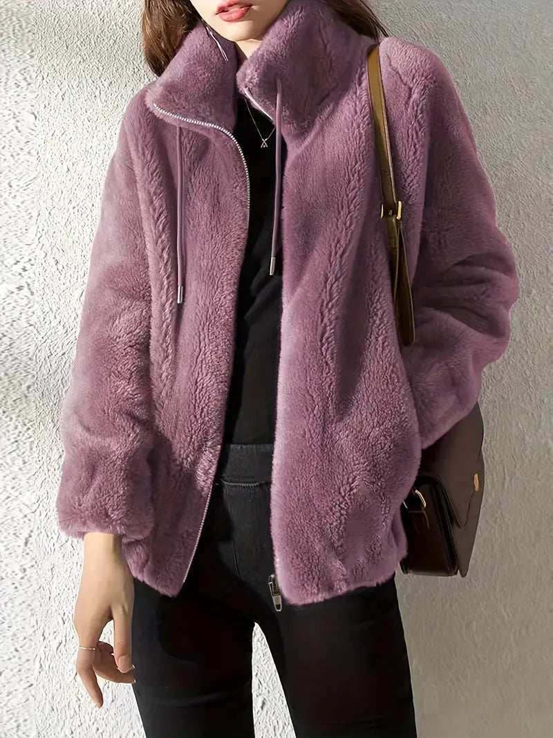 Hooded Teddy Jacket with Drawstring and Zip - Isla-Light purple-S-Nora Luxe