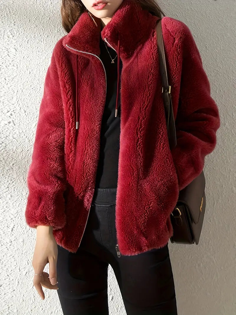Hooded Teddy Jacket with Drawstring and Zip - Isla-Red-S-Nora Luxe