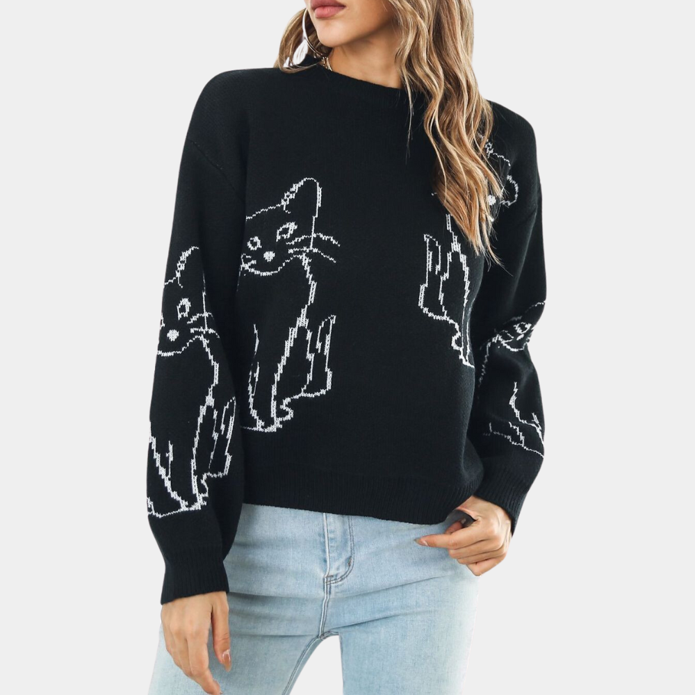 Kebell - Trendy Ladies' Sweater with Cats-Black-XS-Nora Luxe