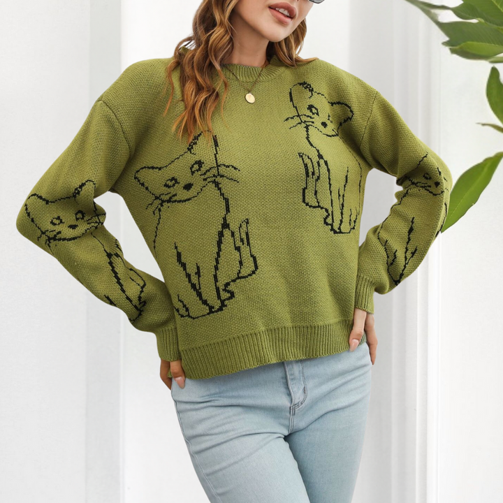 Kebell - Trendy Ladies' Sweater with Cats-Green-XS-Nora Luxe
