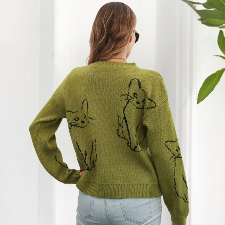 Kebell - Trendy Ladies' Sweater with Cats-Green-XS-Nora Luxe