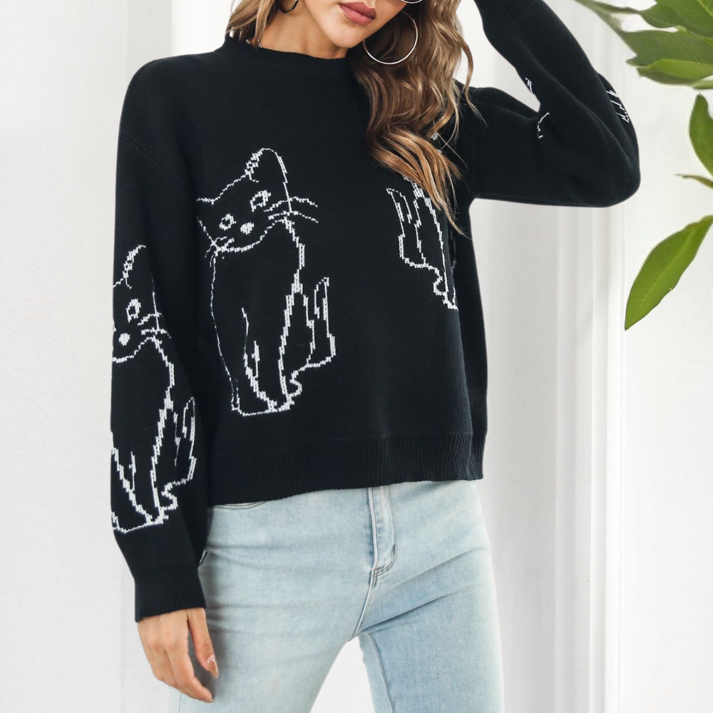 Kebell - Trendy Ladies' Sweater with Cats-Green-XS-Nora Luxe