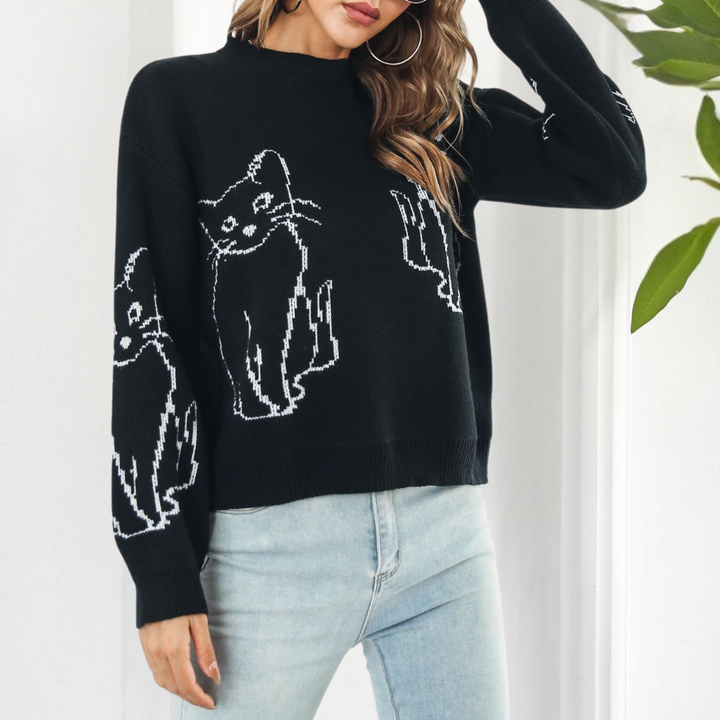 Kebell - Trendy Ladies' Sweater with Cats-Green-XS-Nora Luxe