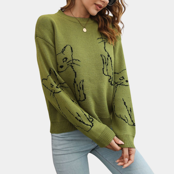 Kebell - Trendy Ladies' Sweater with Cats-Green-XS-Nora Luxe