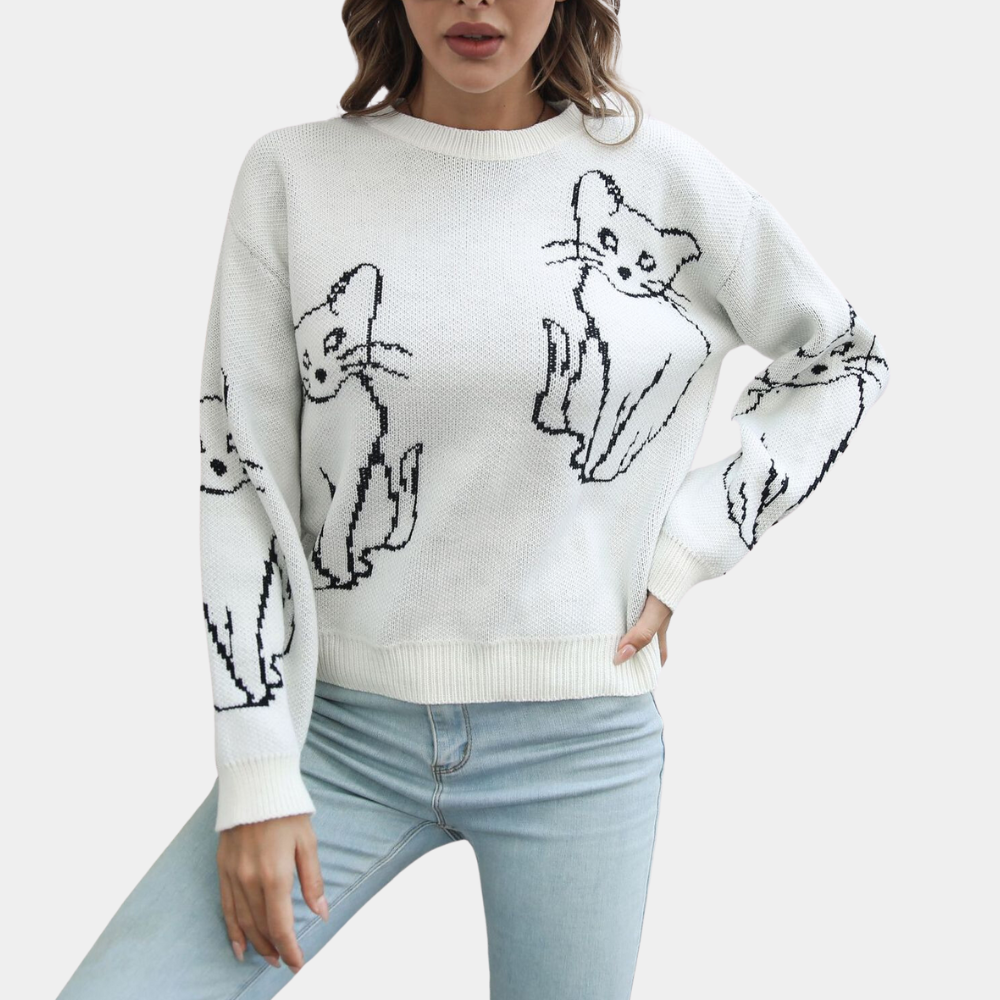 Kebell - Trendy Ladies' Sweater with Cats-White-XS-Nora Luxe