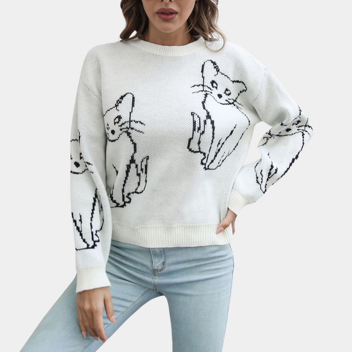 Kebell - Trendy Ladies' Sweater with Cats-White-XS-Nora Luxe