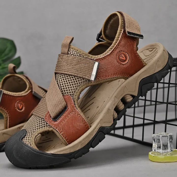 Khaki-coloured men's leather sandals in Roman style for summer and leisure – Cassian-6.5-Nora Luxe