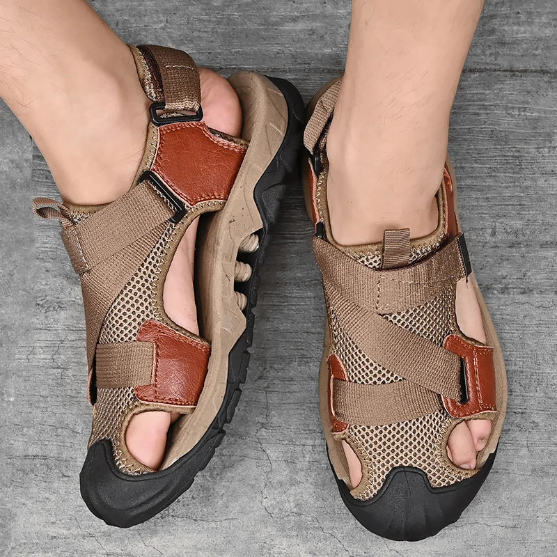 Khaki-coloured men's leather sandals in Roman style for summer and leisure – Cassian-6.5-Nora Luxe