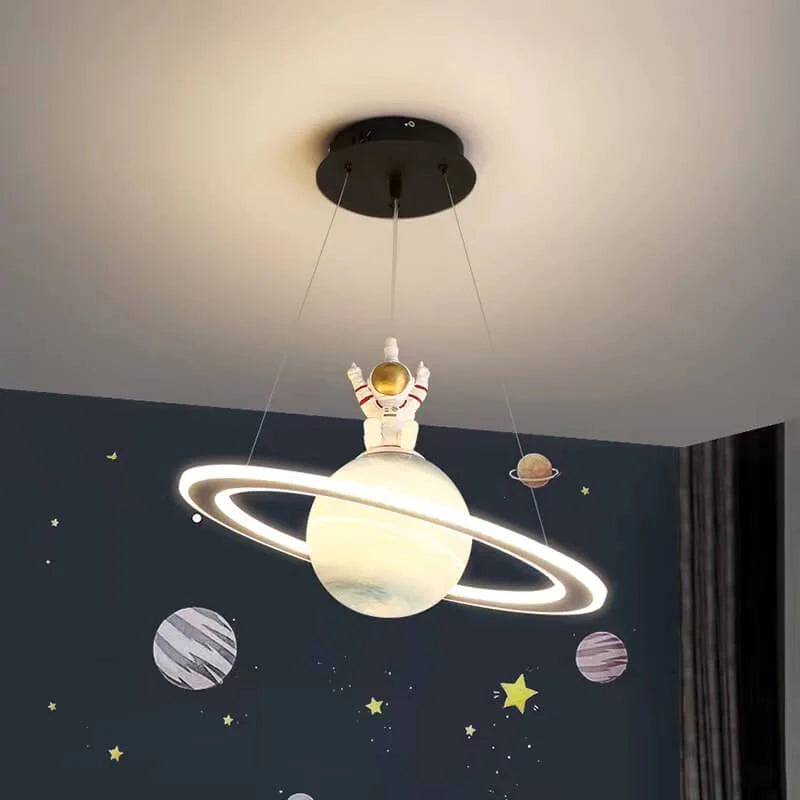 Kids' Room LED Pendant Light - CosmoGlow-Orange Saturn-B (With Astronaut)-3 Colour Temperatures-Nora Luxe