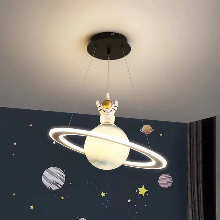 Kids' Room LED Pendant Light - CosmoGlow-Orange Saturn-B (With Astronaut)-3 Colour Temperatures-Nora Luxe